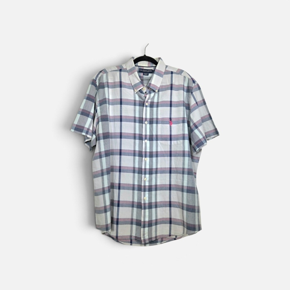US Polo Assn Mens XXL Short Sleeve Plaid Button Down Shirt Blue Pink Cotton